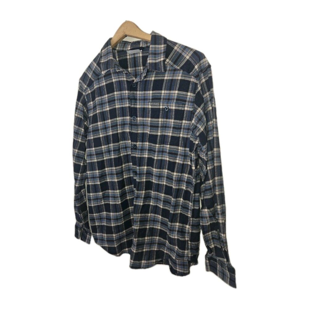 Columbia Flannel Shirt Men's S Small Long Sleeve Plaid Blue Brown Outdoor Cotton
